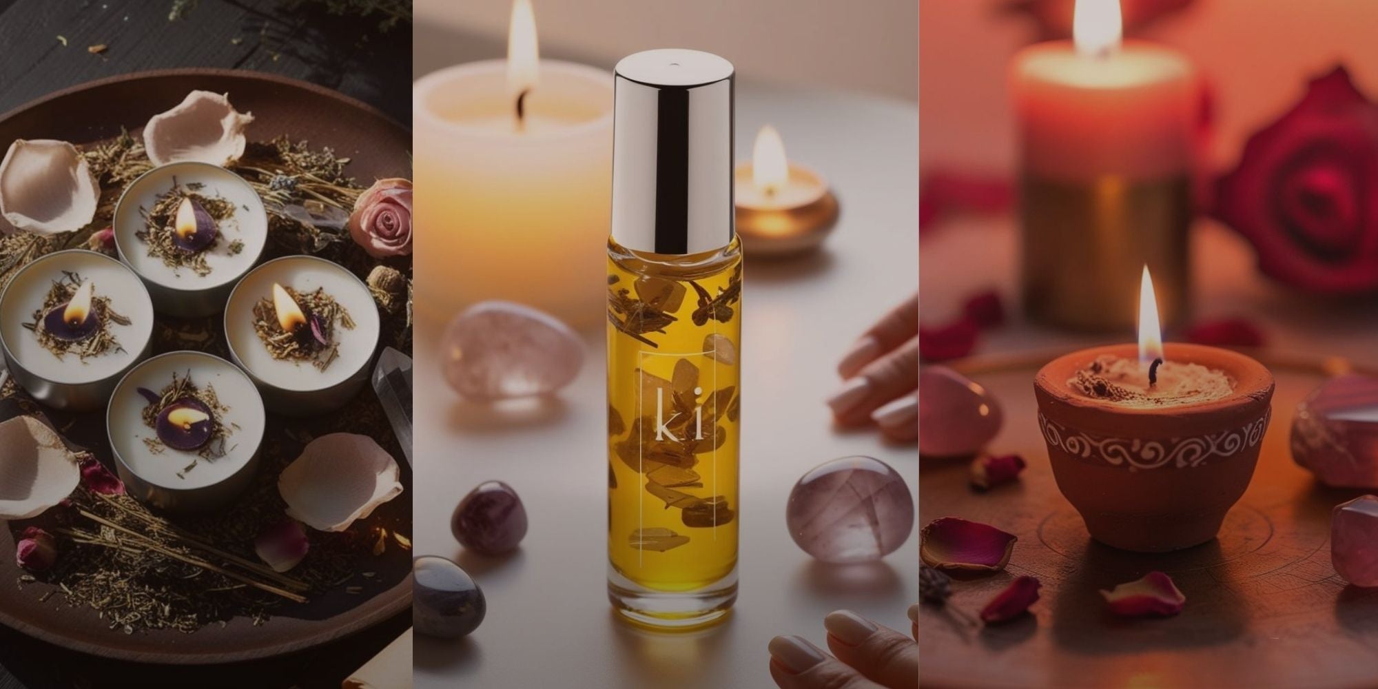 Ki Heals ritual banner with candles, manifestation oils, candles rituals, and spiritual wellness tools.