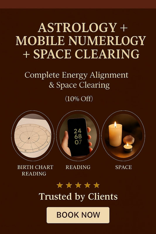 Astrology + Mobile Numerology + Space Clearing bundle for energy alignment and karmic healing. Promotional image showing birth chart reading, phone numerology, and candle-lit space cleansing setup.