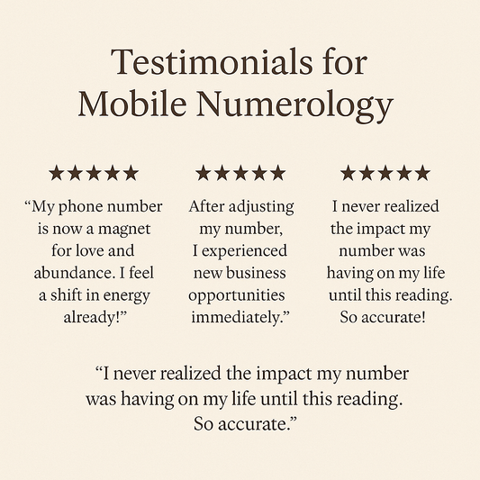 Mobile numerology reading testimonials showing five-star reviews about energy shifts, abundance, and accurate numerology insights